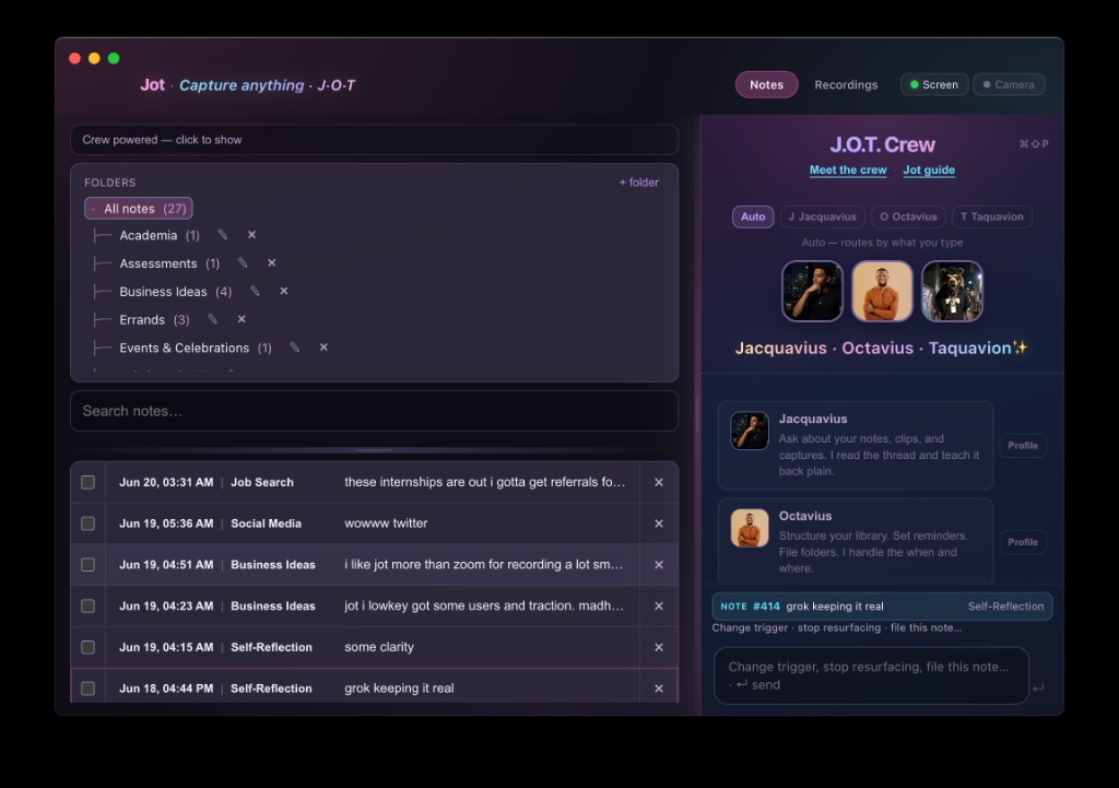 Jot Workspace — folders, notes list, and crew sidebar