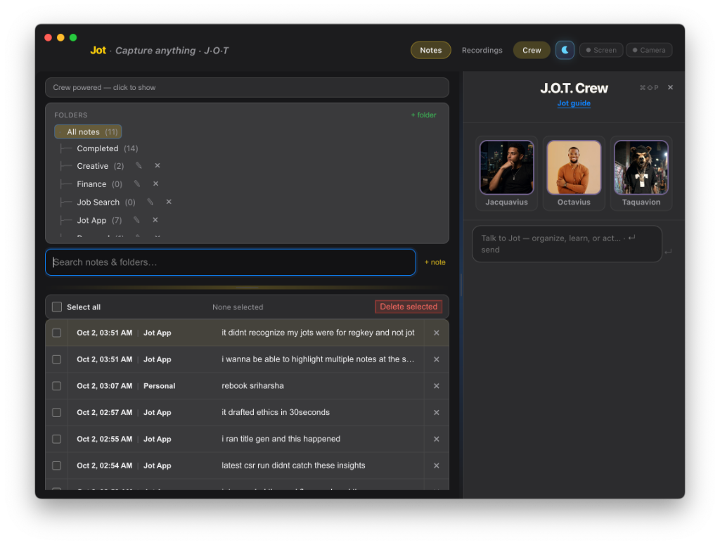 Jot Workspace — notes library on the left, Jot crew chat on the right